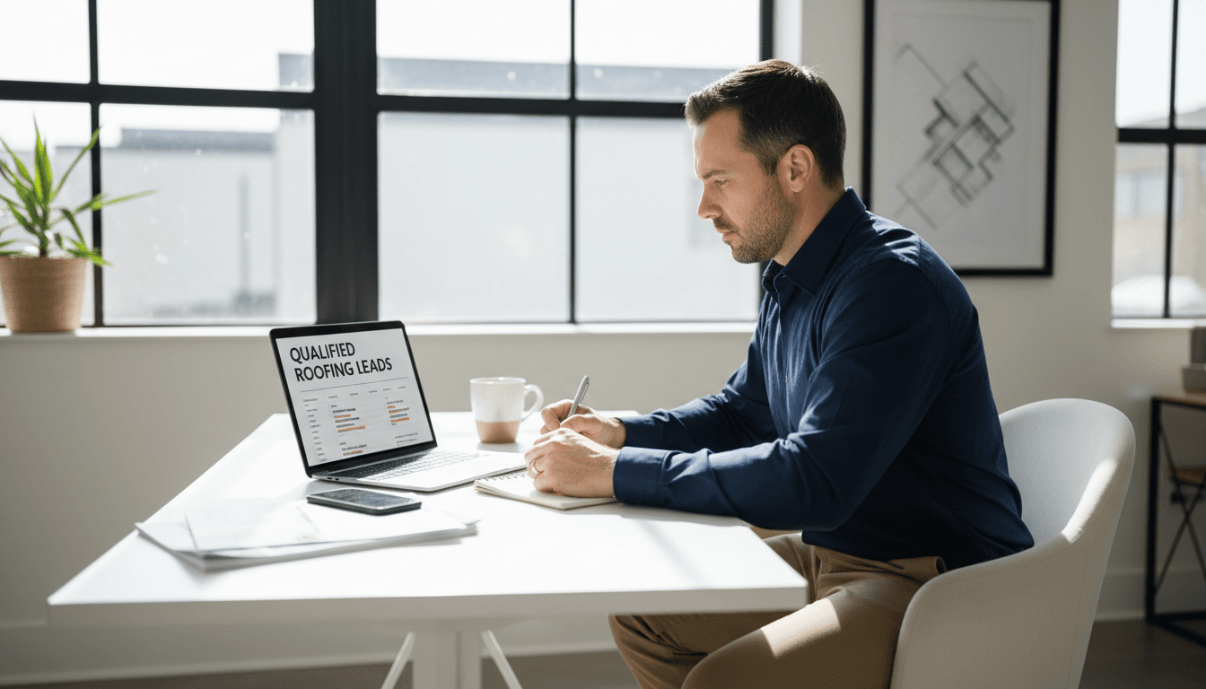 Roofing contractor in modern office reviewing leads on a laptop