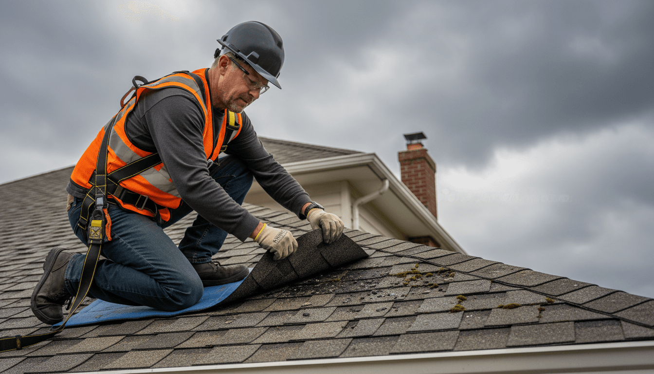 Roofing contractor in safety gear inspecting damaged shingles on a residential pitched roof during daytime assessment.